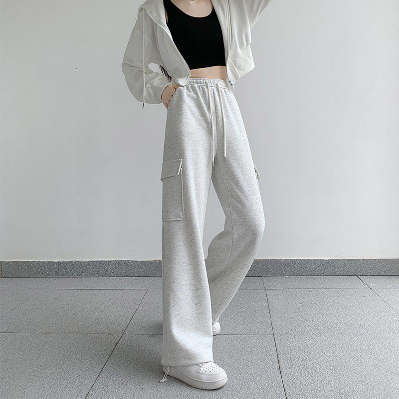 Grey Work Pants, Women's Winter Casual Sports Pants, Loose and Plush Wide Leg Pants for Women