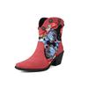 2024 New Cowboy Western Boots Women's Rivets Ankle Boots Chunky Heels Shoes Retro Patchwork Print Floral PU Footwear