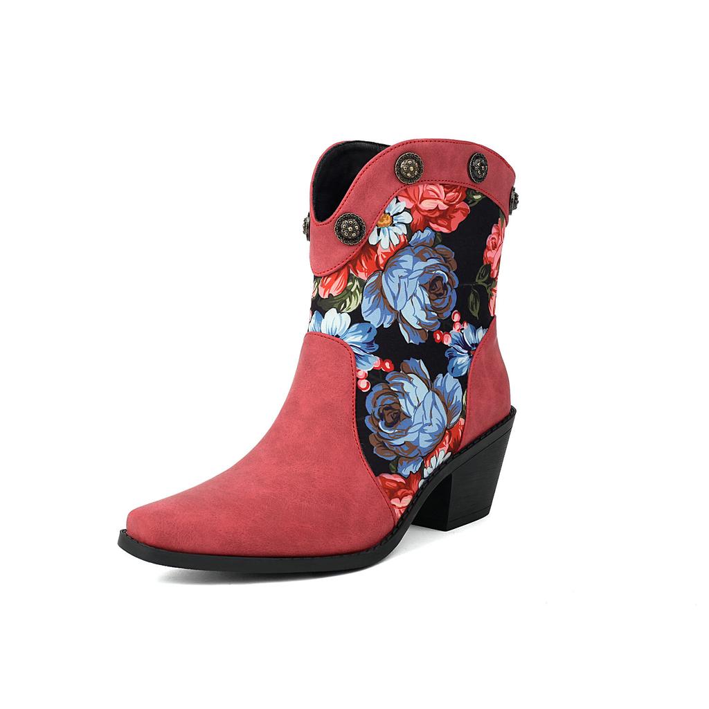 2024 New Cowboy Western Boots Women's Rivets Ankle Boots Chunky Heels Shoes Retro Patchwork Print Floral PU Footwear