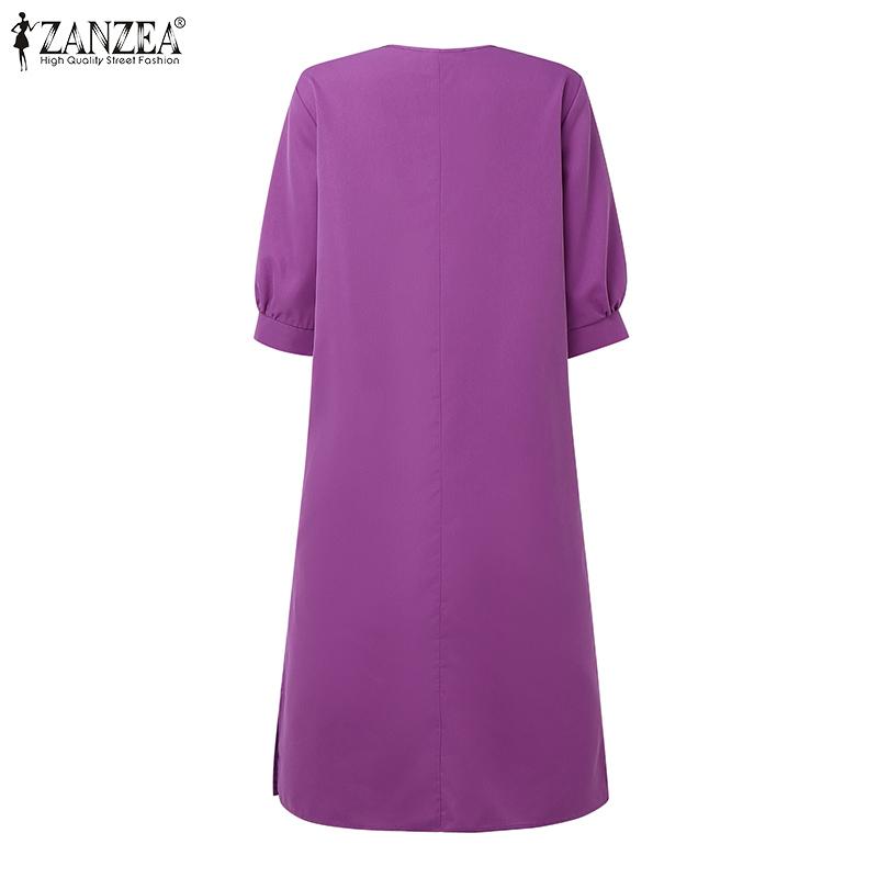 ZANZEA Women Casual V-Neck 3/4 Sleeve Loose Floral Embroidery Dress