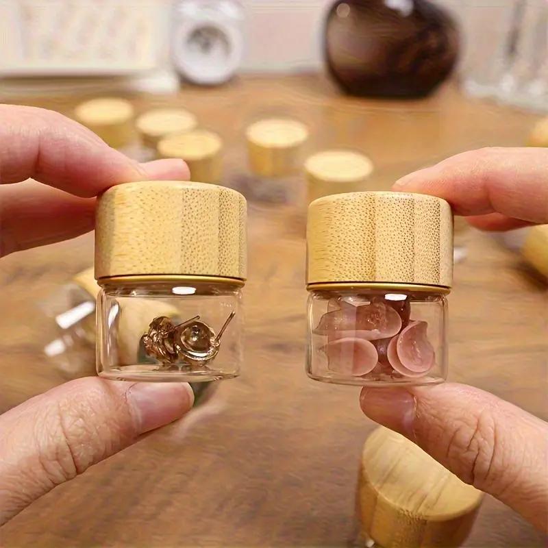 WTEMPO Mini Glass Bottles with Elegant Wood Grain Lids Compact Travel Kitchen Storage Containers for Nail Art Earrings Glitter Decorative Jars