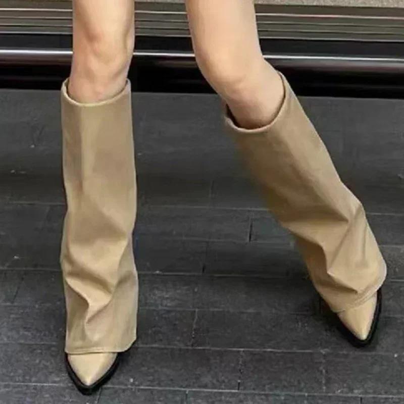 Fashion Knee High Heels Women Boots Leather Chunky Fashion Shoes Pointed Toe Snow Long Boots New Designer Pumps