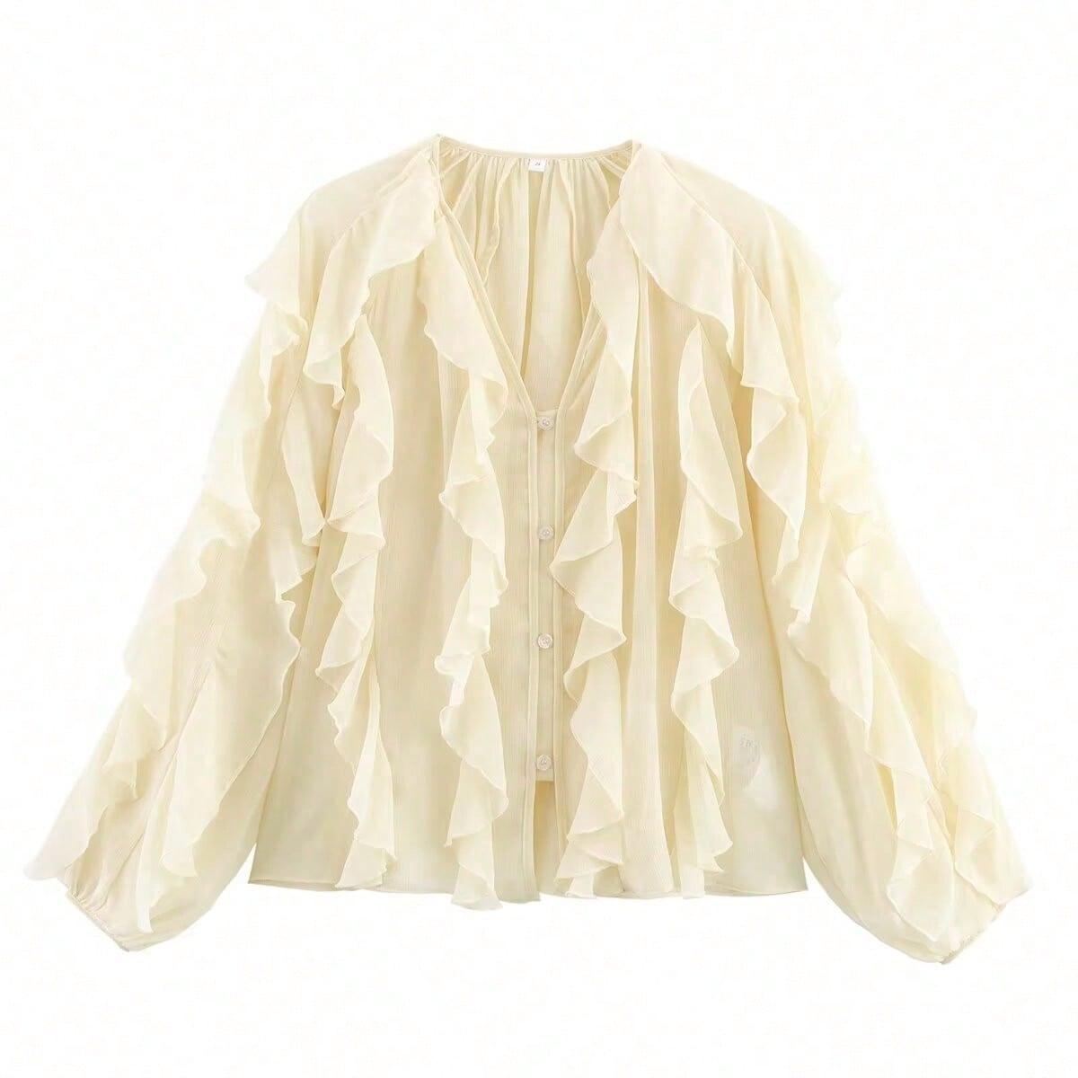 

Женская весенне-летняя блузка-пуловер с V-образным вырезом, многослойная, с длинным рукавом Extra Small бежевый