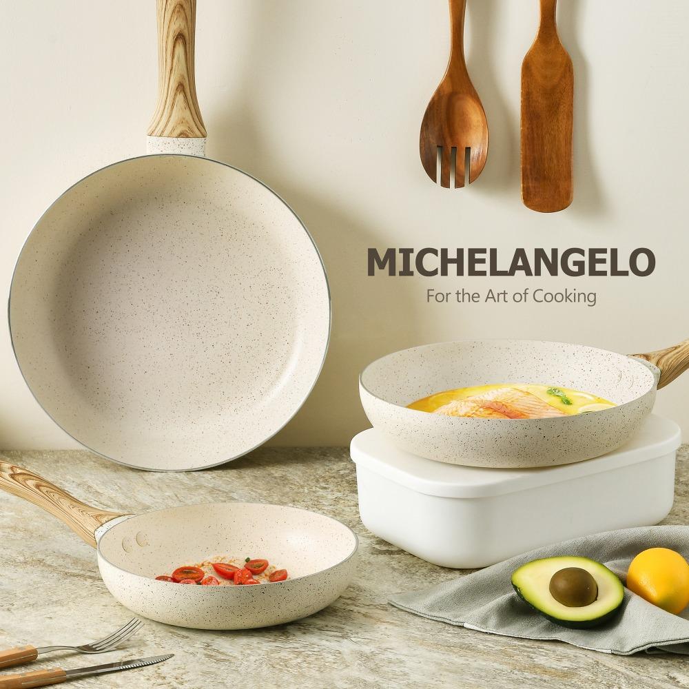 MICHELANGELO 3pcs Nonstick Cookware Sets White Granite Induction Cookware 8/9.5/11 Inch Frying Pan  Non-toxic Healthy Pan