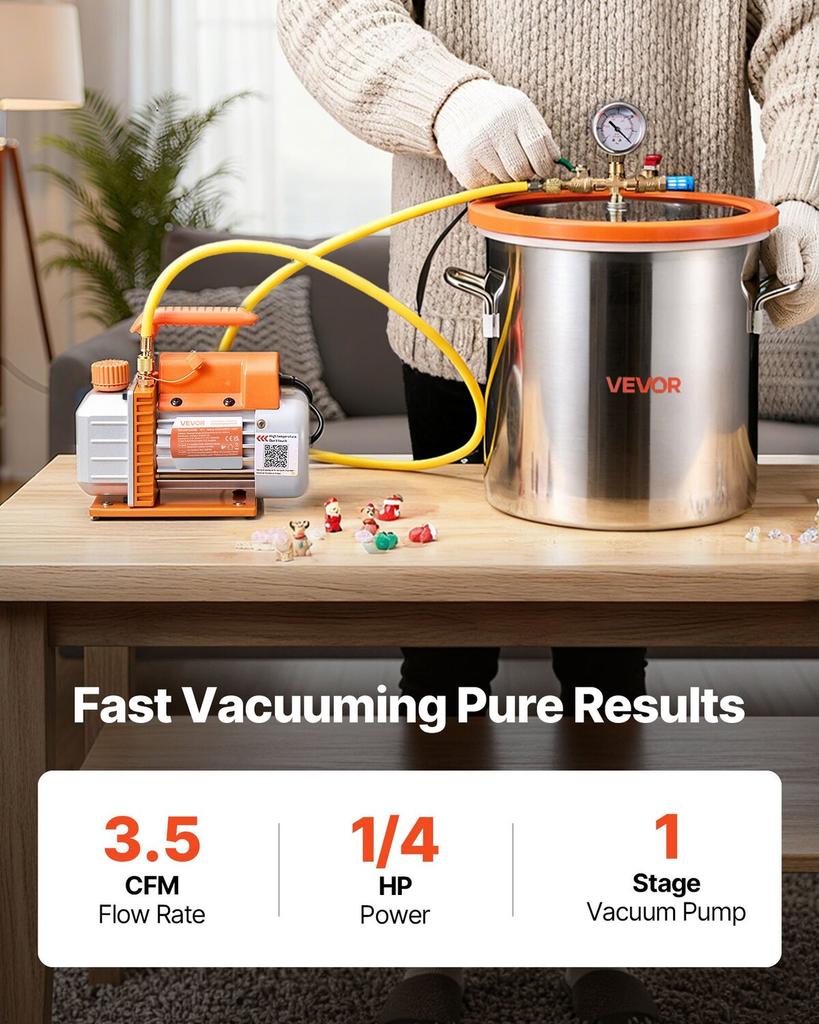 18.93 L Vacuum Chamber with Pump, 3.5 CFM 99 L/min, Single Stage Vacuum Pump, Stainless Steel Degassing Chamber Kit, Tempered Glass Lid, 1.5 M Hose,