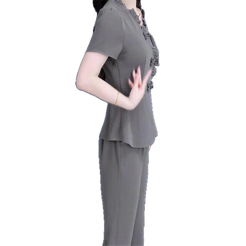 Γυναικείο Κομψό Καλοκαιρινό Σετ Μπλούζα με Βολάν κοντό μανίκι και Casual Μακρύ Παντελόνι Δύο Τεμαχίων