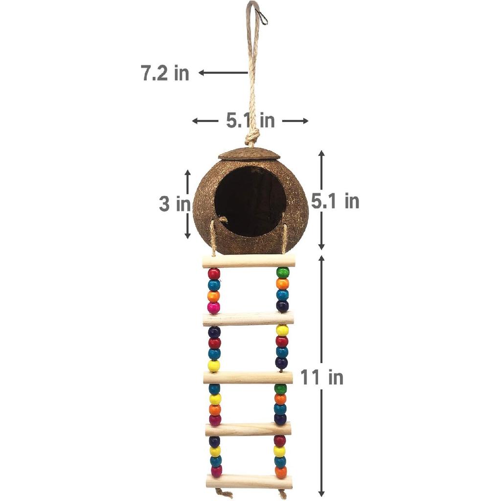 Hanging Coconut Bird House with Ladder,Natural Coconut Fiber Shell Bird Nest for Parrot Parakeet Lovebird Finch Canary,Coconut Hide Bird Swing Toys