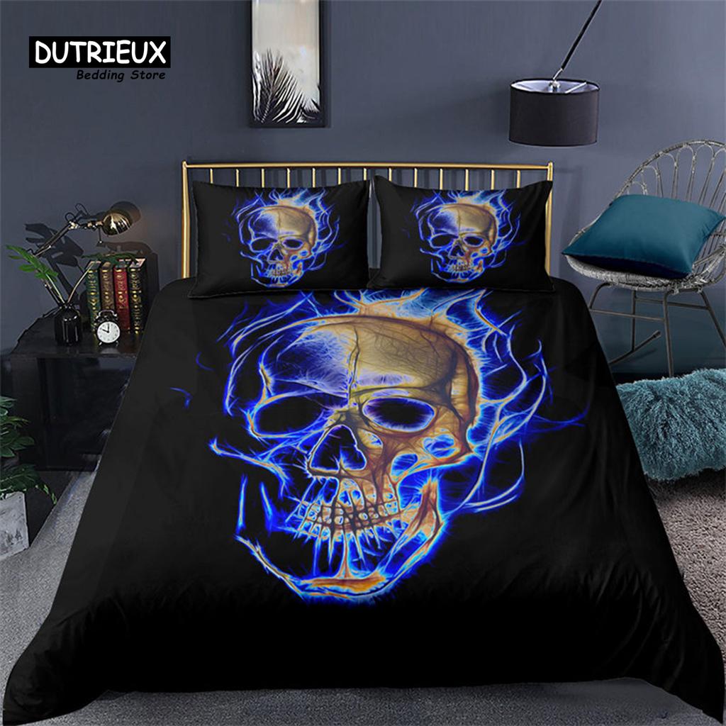 Colorful Sugar Skull Skeleton Quilt Cover Gothic Skull Bedding Set Queen Size Microfiber Horror Theme Feather Black Duvet Cover