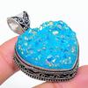 Blue Titanium Druzy Vintage Pendant 1.85" Silver Tone Heart Gemstone Jewelry