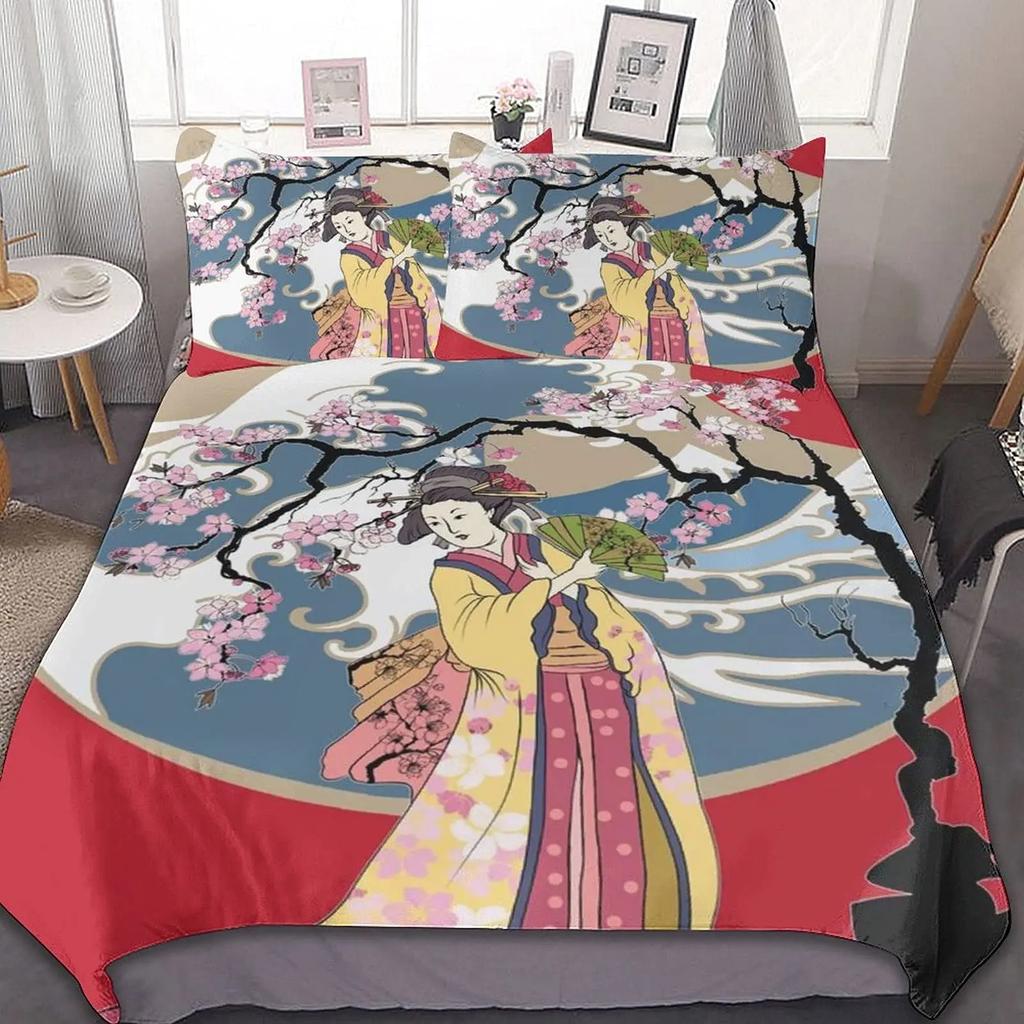 Japanese Geisha King Queen Duvet Cover Red Woman Bedding Set For Kids Teens Adults Koi Fish Eastern Culture 2/3Pcs Quilt Cover