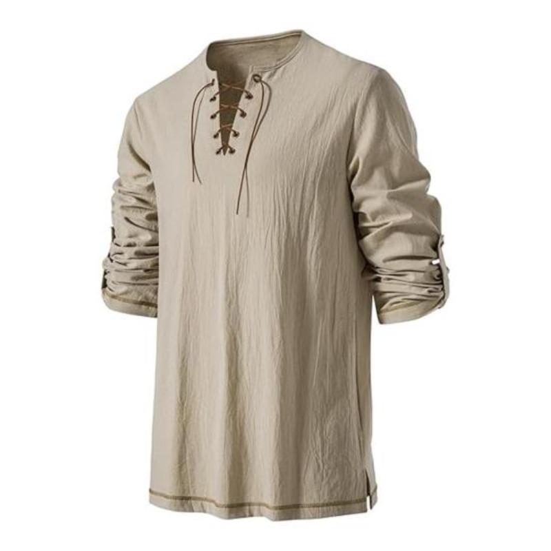 Men's Vintage Lace-Up T-Shirt Long Sleeve Henry Collar Top Spring Autumn Solid Color Tee Shirt for Daily Wear Performances Cosplay