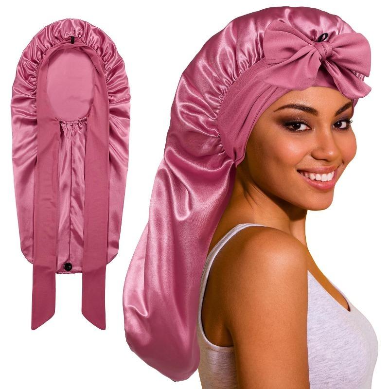 Simulation silk wide edge long tube nightcap, bow streamer long tail high elastic satin hair care cap