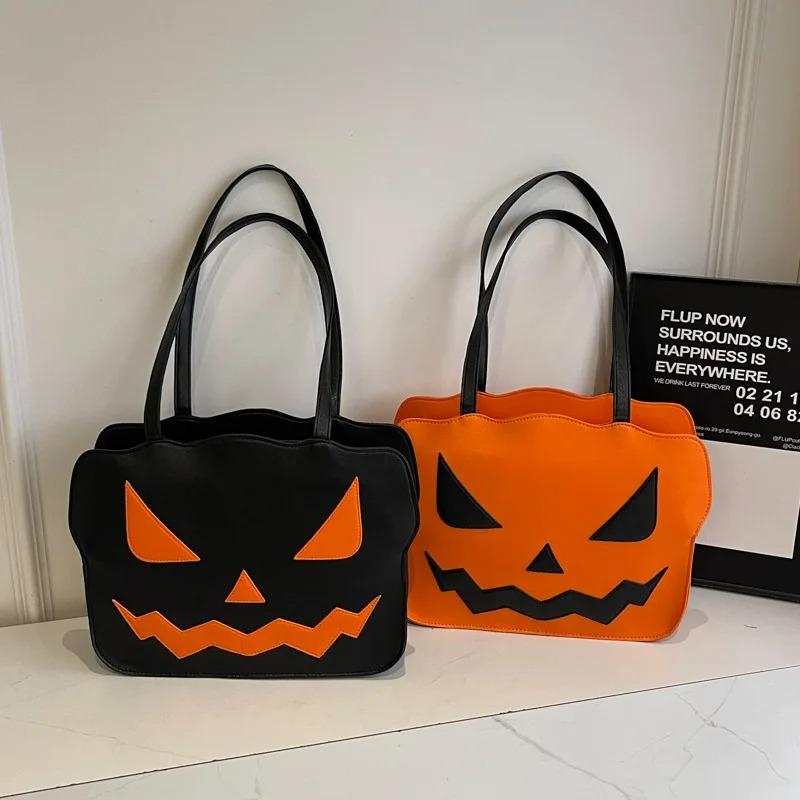 Portable Halloween Tote Bag Large Capacity Pu Leather Pumpkin Shoulder Bag Creative Quirky Dem Messenger Bag Festival