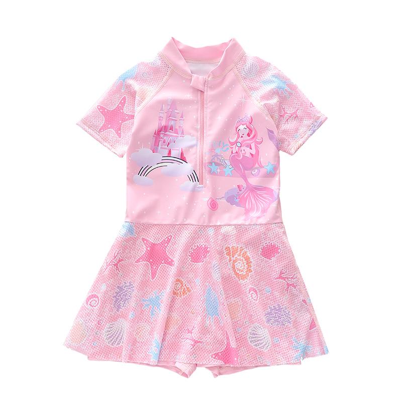 New Sporty Mesh Princess Skirted One-Piece Swimsuit for Girls