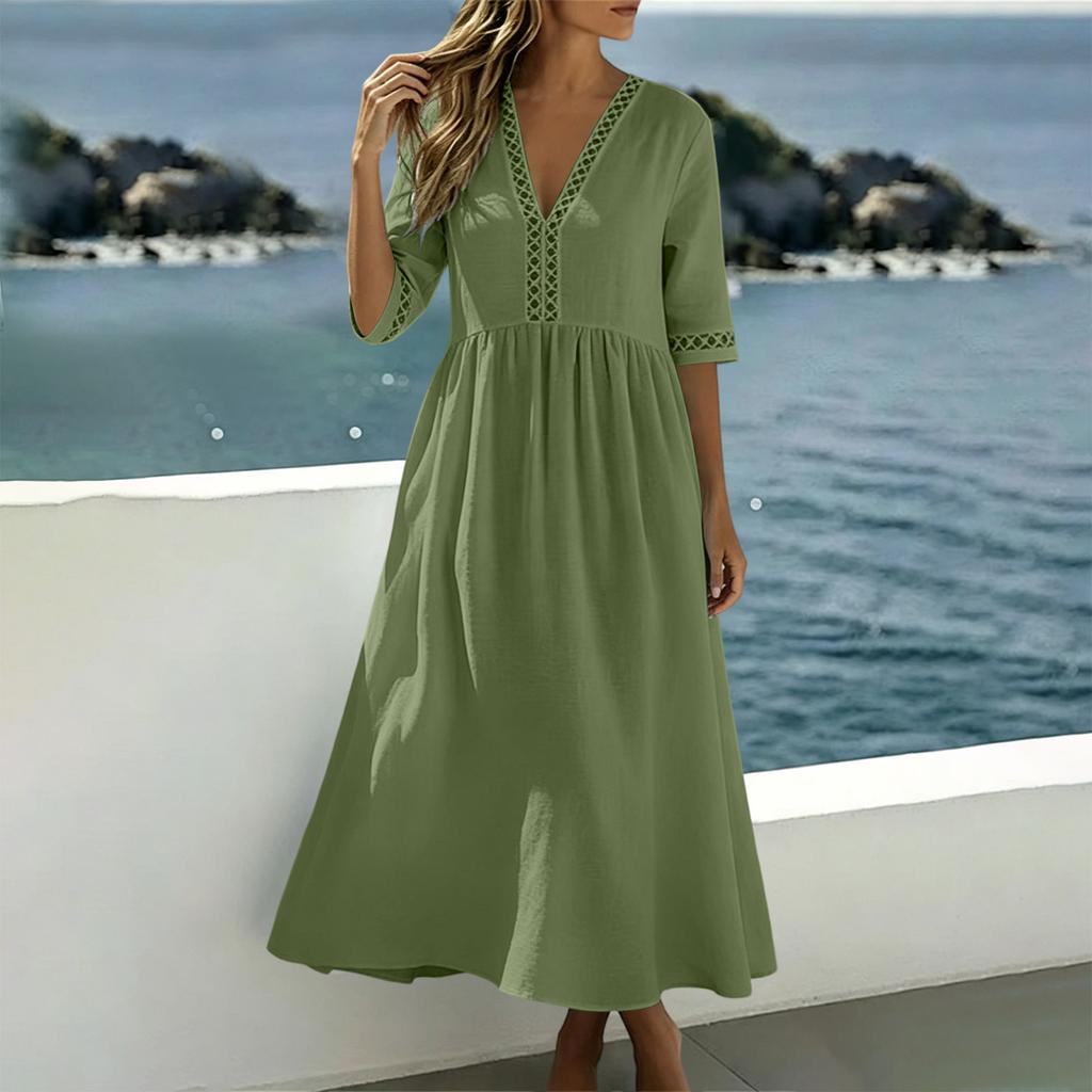 Women Casual Loose Fit V Neck Short Sleeve Dress Cotton Linen Blend Midi Length Summer Dress with Lace Trim Detailing