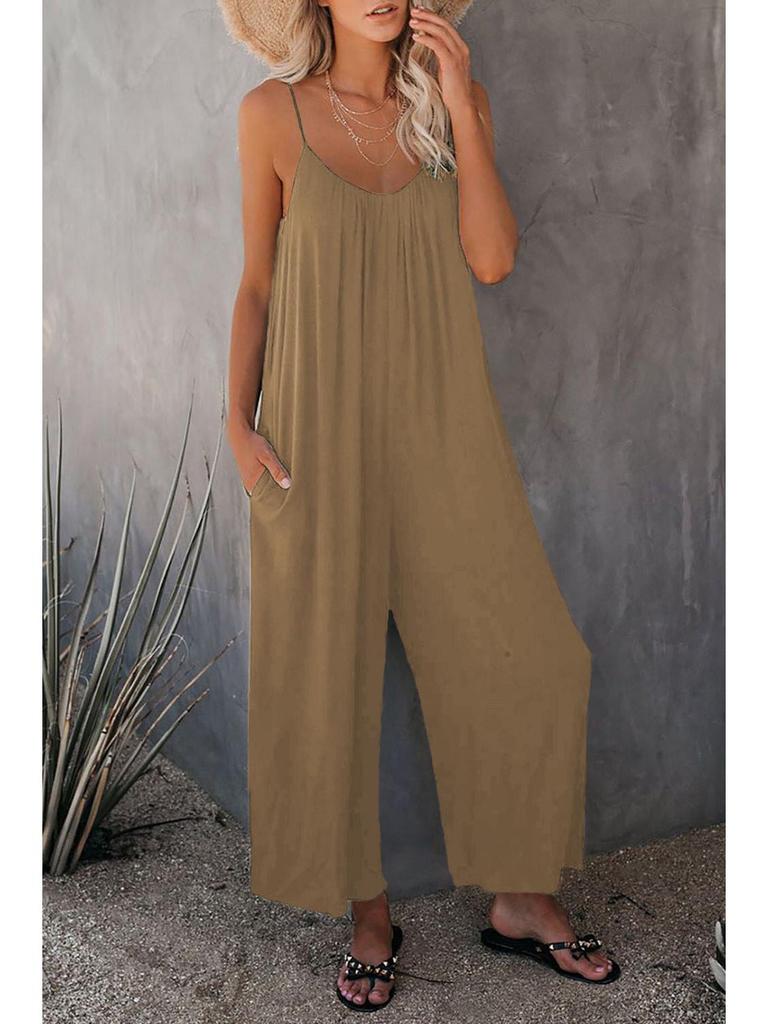 European & American Women's Solid Color Pocket Suspender Jumpsuit