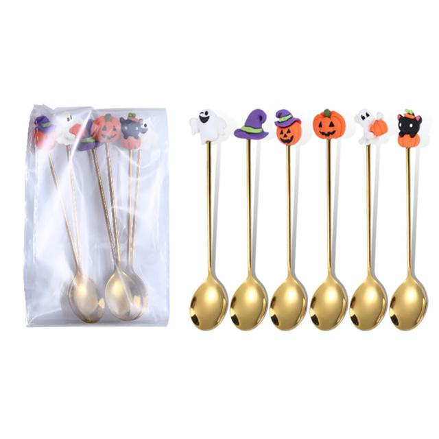 Halloween Cartoon Edelstahl Besteckset Löffel und Gabel Set mit dekorativen Griffen Kürbis & Geist Designs für den Heimgebrauch