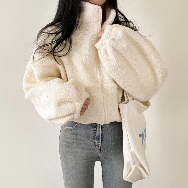 Women's Autumn & Winter Faux Lamb Wool Coat - Short Stand-Up Collar, Warm, Loose Fit, Zip Cardigan Top
