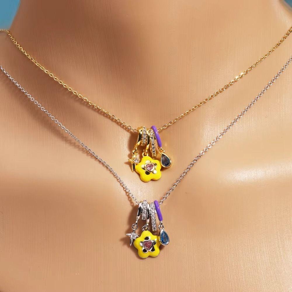 Colorful Ice Cream Necklace Simple Elegant Enamel Pendant Flower Zircon Necklace Valentine's Day