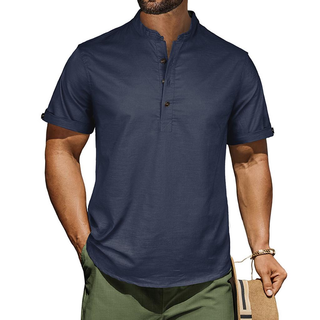 Men's Casual Shirt Short Sleeve Band Collar Linen Shirt Summer Beach Hippie T-Shirts