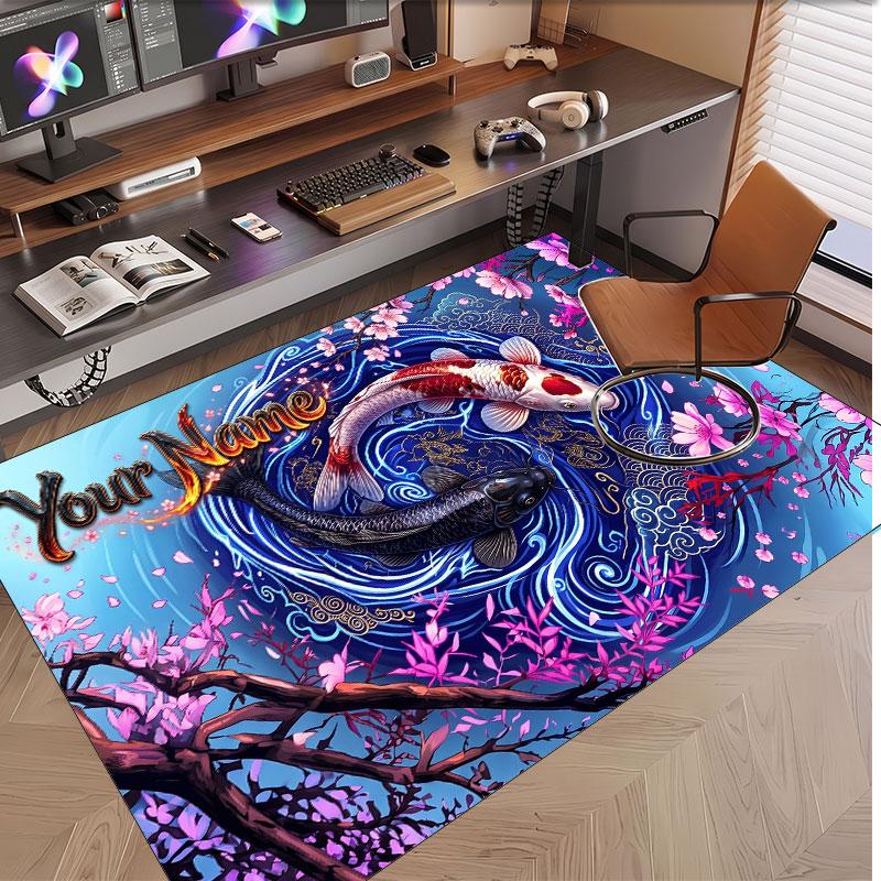 Koi Fish Theme Soft Crystal Velvet Rug Custom Name & Text Print Non Slip Floor Rug for Bedroom Living Room