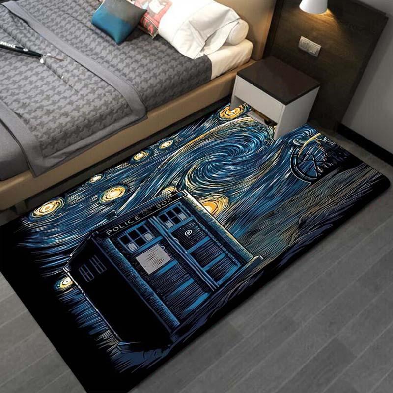 Van Gogh Starry Night & TARDIS Print Rug, Sci-Fi Police Box Non-Slip Floor Mat for Kids Room Living Room Bedroom Decor Carpet