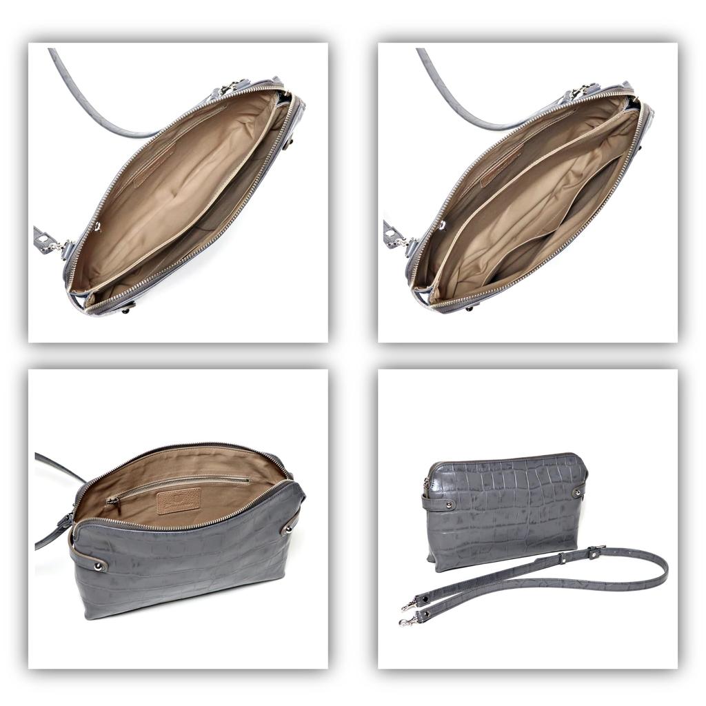 COXSWAIN Men's Crocodile Embossed Leather Clutch Bag In Gray with Strap, CW1605CS GRAY, Made In Japan