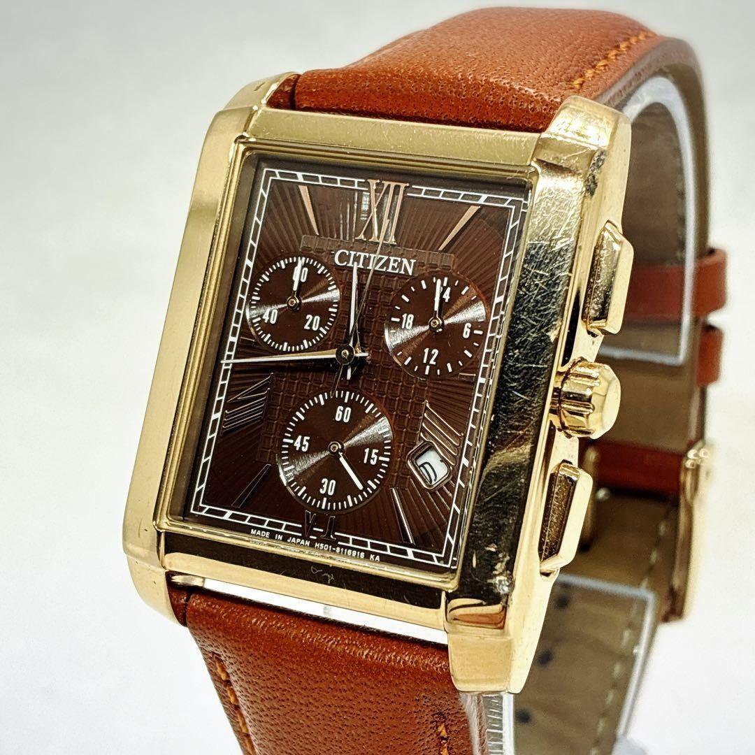 Good Condition Citizen Eco Drive Chronograph Solar Genuine Leather Belt H501