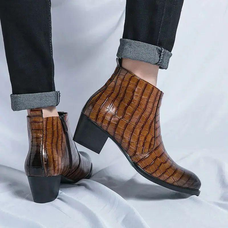 Classic Brown Men Dress Boots Pointed Zippers High Heel Boots For Men Leather Luxury Men High Top Formal Shoes Botas Para Hombre