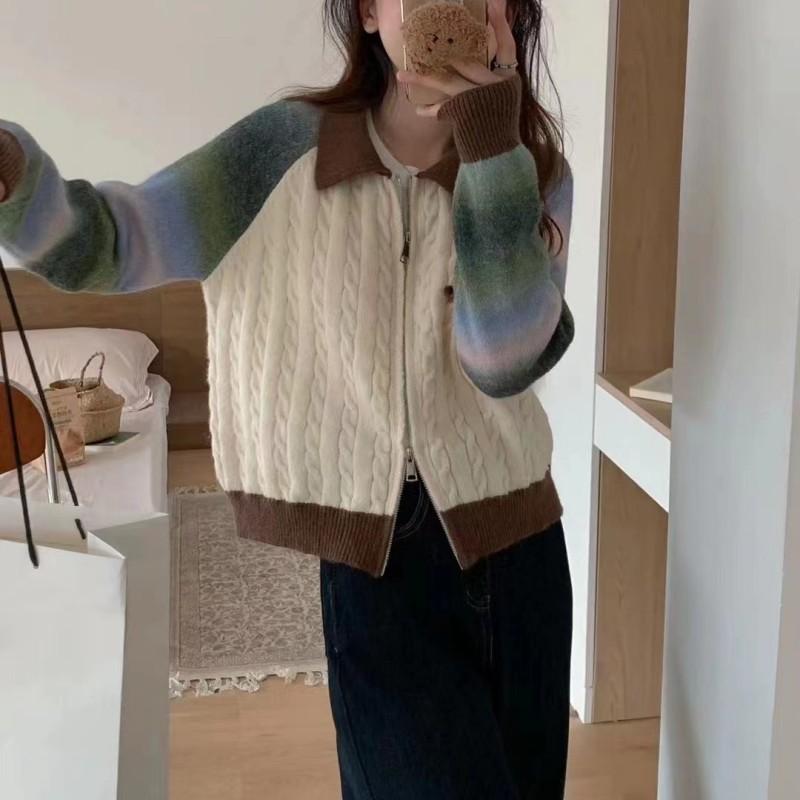 

Autumn new gradual change contrasting color splicing knitted cardigan women s lapel retro twist zipper sweater jacket tide One size кофейный