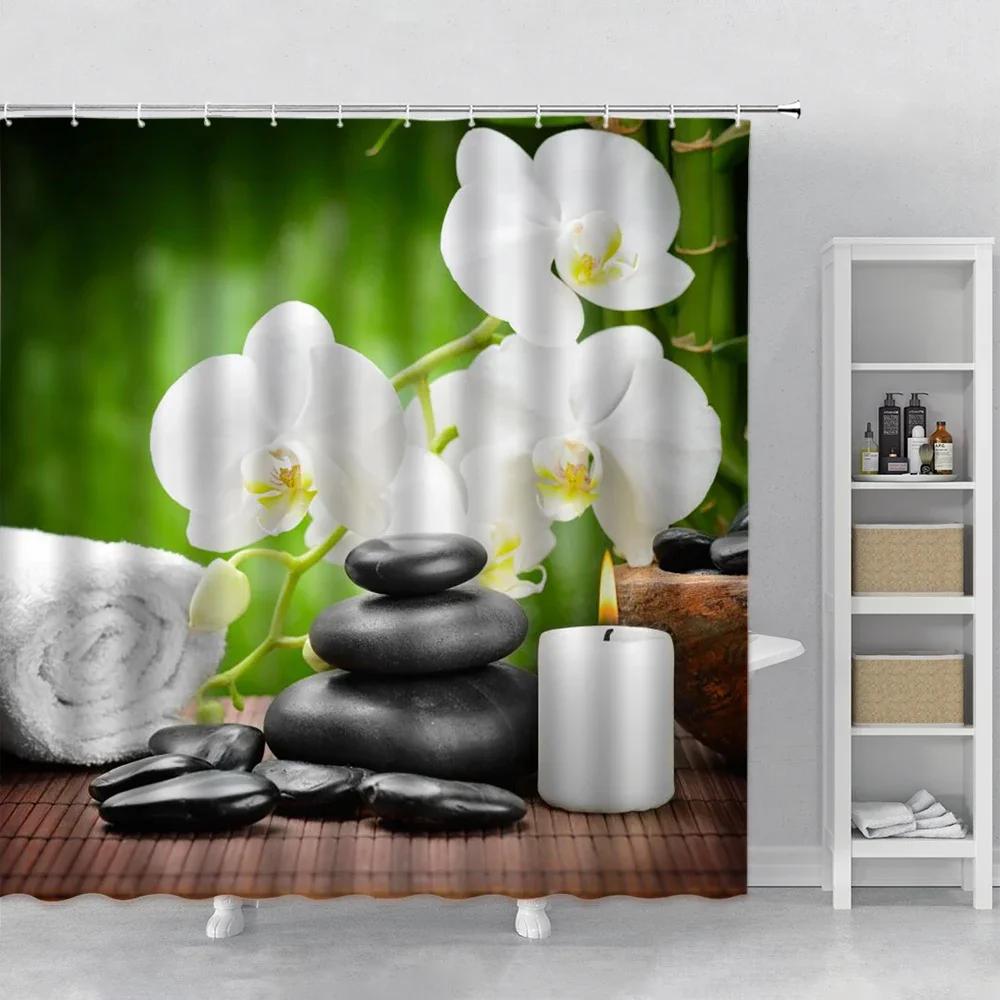 Green Bamboo Zen Shower Curtains Black Stone Pebble Massage Stone Spa Bathroom Decor Product Bath Curtain Sets With Hooks Fabric