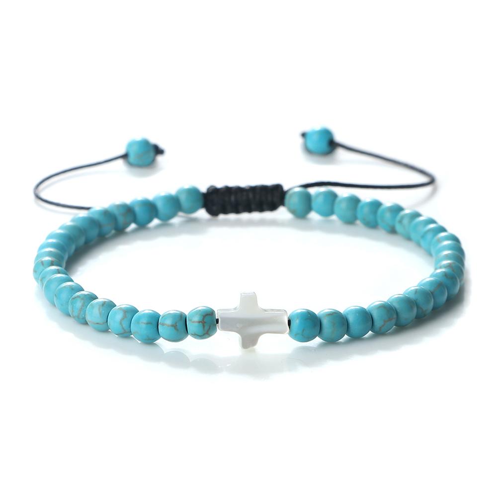

Men 4mm Natural Stone Beaded Bracelet Adjustable Waxed Rope Bangle White Shell Cross Charm Energy Healing Jewelry Gift for Women светло-синий