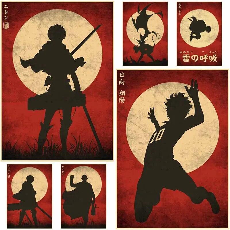 

Классические аниме минималистичные постеры с героями мультфильмов, крафт-бумага, атака на Титанов/убийца демонов, плакат, декор, домашняя настенная художественная живопись