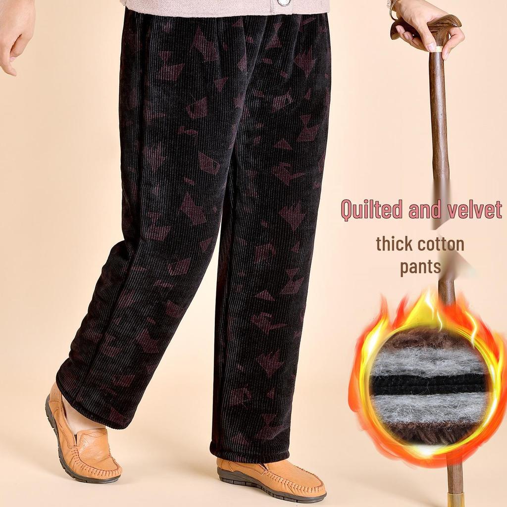Corduroy Winter Velvet-Lined Trousers for Women - Warm, Straight-Leg, Ideal for Elderly and Middle-Aged.