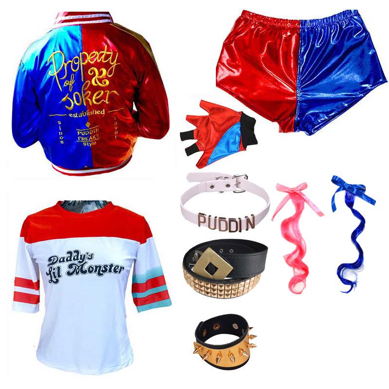 Top Qualität Mädchen Damen Selbstmord Harley Cosplay Kostüme Squad Quinn Monster Genähte Jacke Hosen Sets Karneval Anime Kostüm