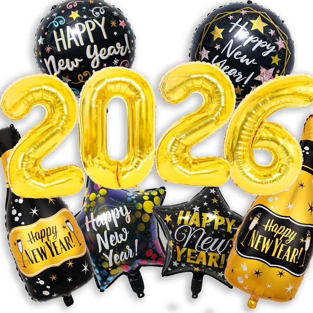 10Pcs 2026 Black Gold Happy New Year Balloon Set  New Year's Eve Party Atmosphere Decoration  Wine Bottle Aluminum  ballons