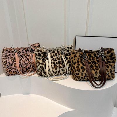 Leopardenmuster Reise Warme Plüsch Schultertasche Damen Große Kapazität Kettendekor Tragetasche Vintage Weiches Kunstfell Henkeltasche MIT