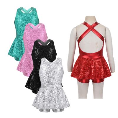 Vestito da body per danza classica con fiocco in vita, senza maniche, con paillettes, incrociato sul retro, per bambina, jazz moderno