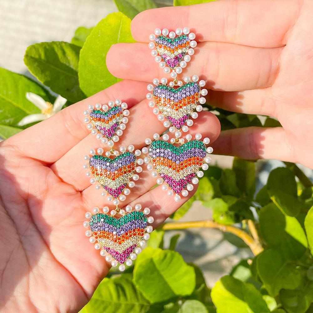 Regenboog Oorbellen High-End Micro-Ingelegde Zirkoon Liefde Parel Kleur Gepersonaliseerde Oorbellen
