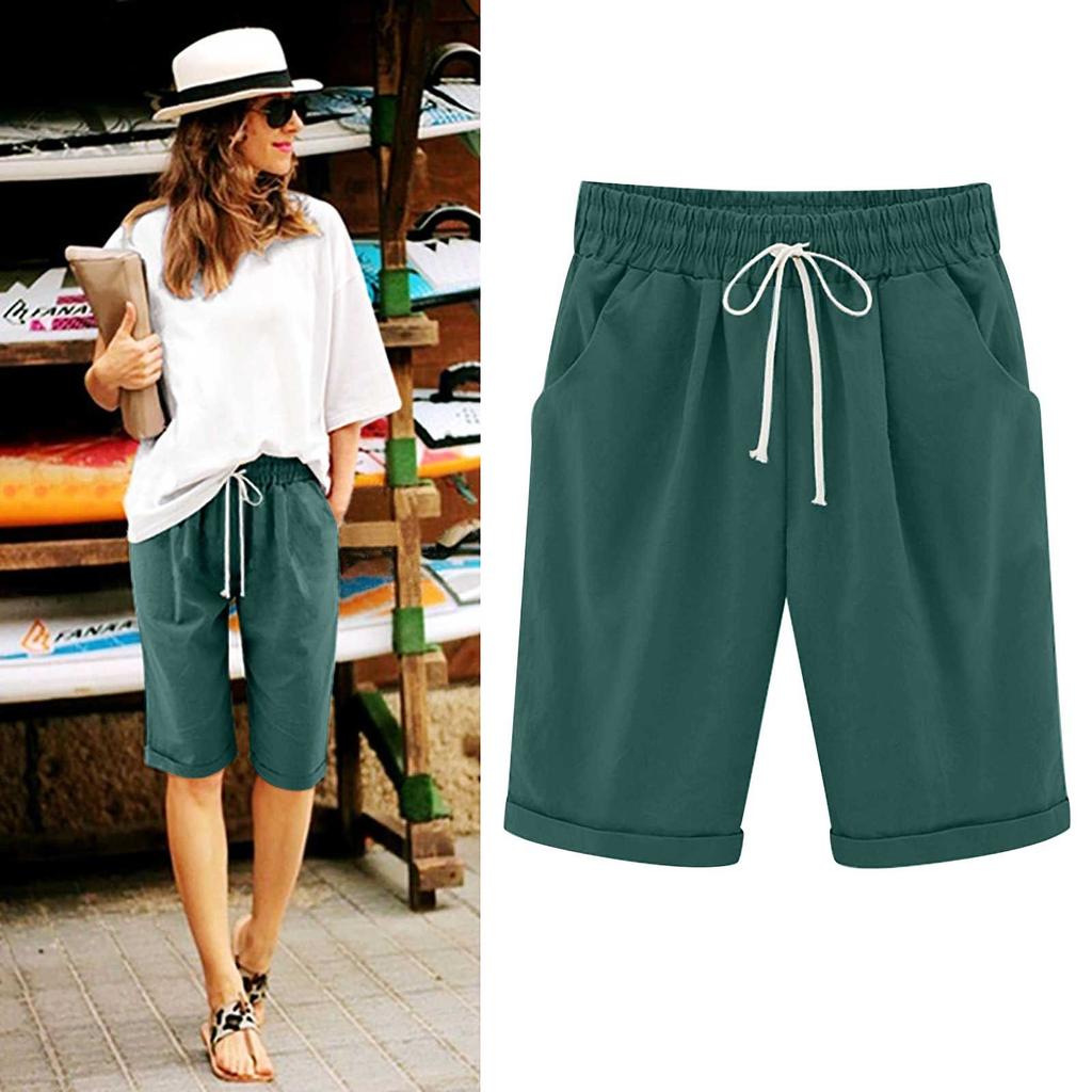 Women's Casual Loose Beach Pants Solid Color Loose Casual Fifth Pants Pockets  Linen Shorts