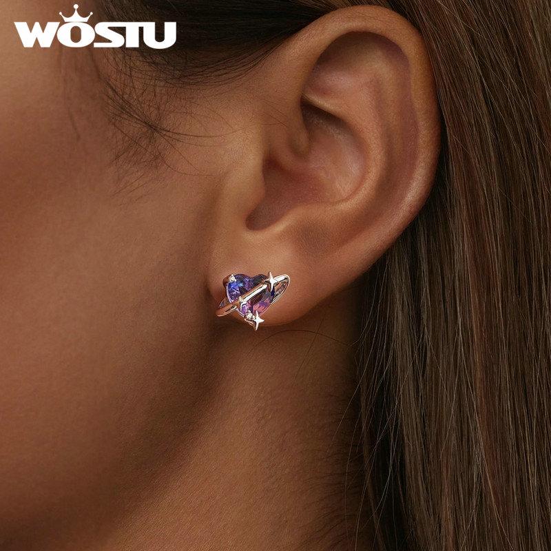 WOSTU 925 Sterling Silver Rainbow Planet Star Stud Earrings Colorful Purple Mystic Crystal Ear Studs Girl Daughter Birthday Gift