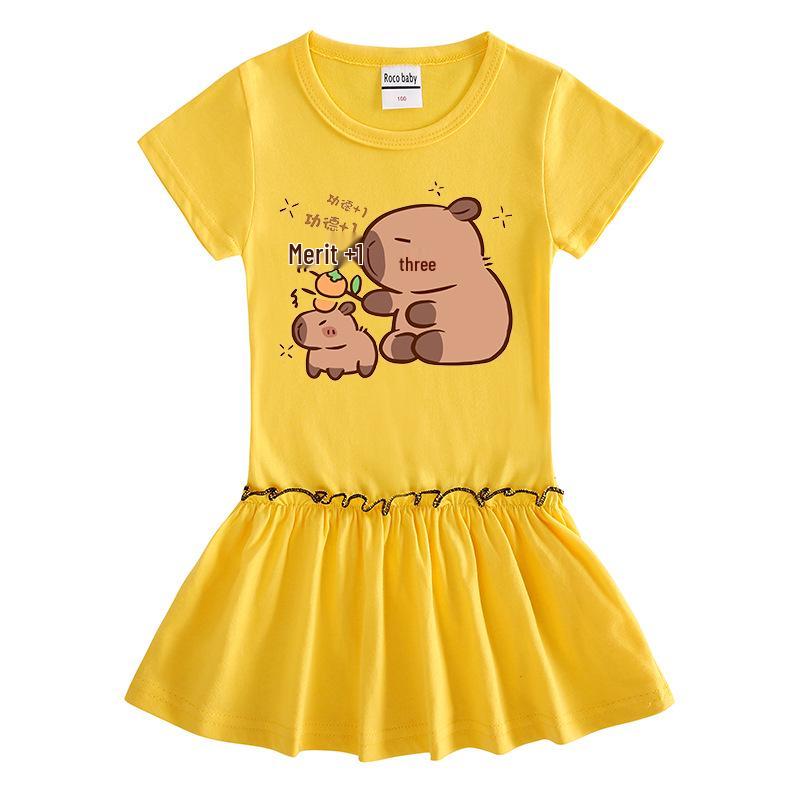 Summer Cartoon Raglan Color-Block Short Sleeve Pleated Dress for Girls