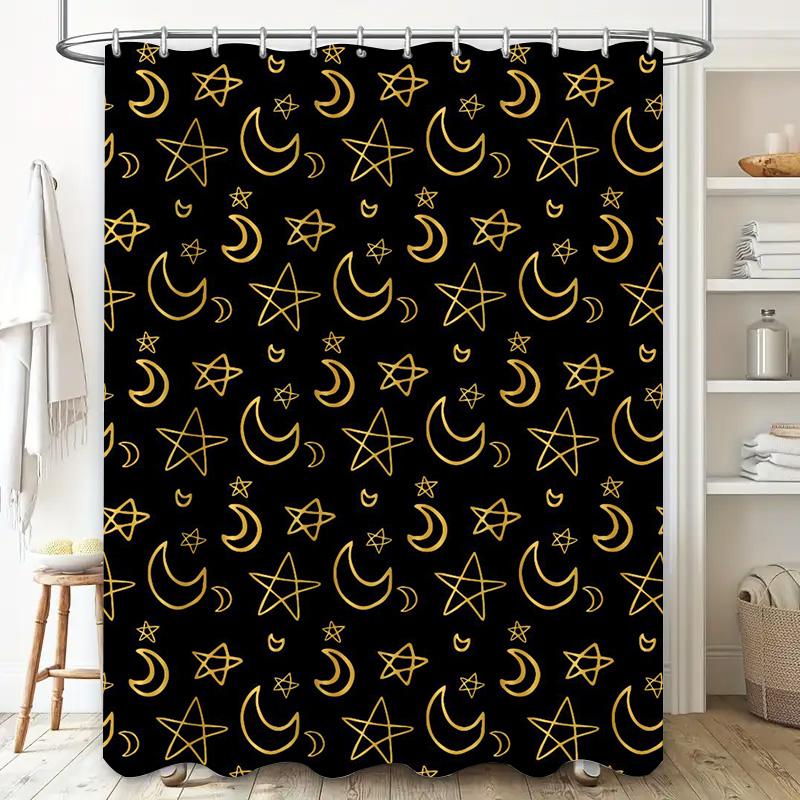 Charming Bathroom Decor: Moon Stars Crescent Moon Print Shower Curtain with Rod Pocket for Home Decoration Black and Gold Floral