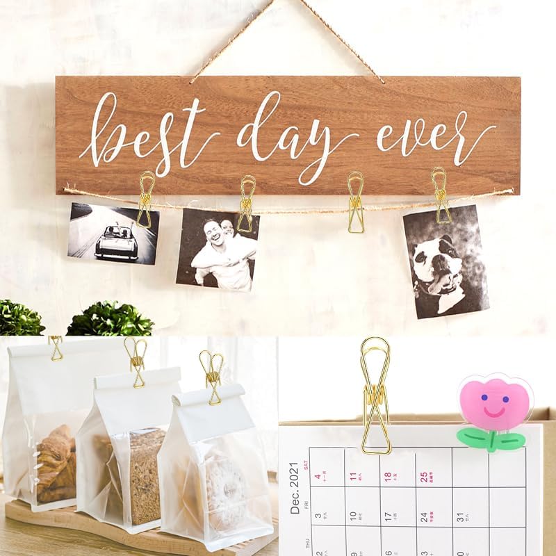 Rurili 20 Pieces Metal Wire Hollow Out Multi-Purpose Utility Clips Invoice Bill Paper Clips Clothesp Hanging Clips for Office School Home Use (Gold)