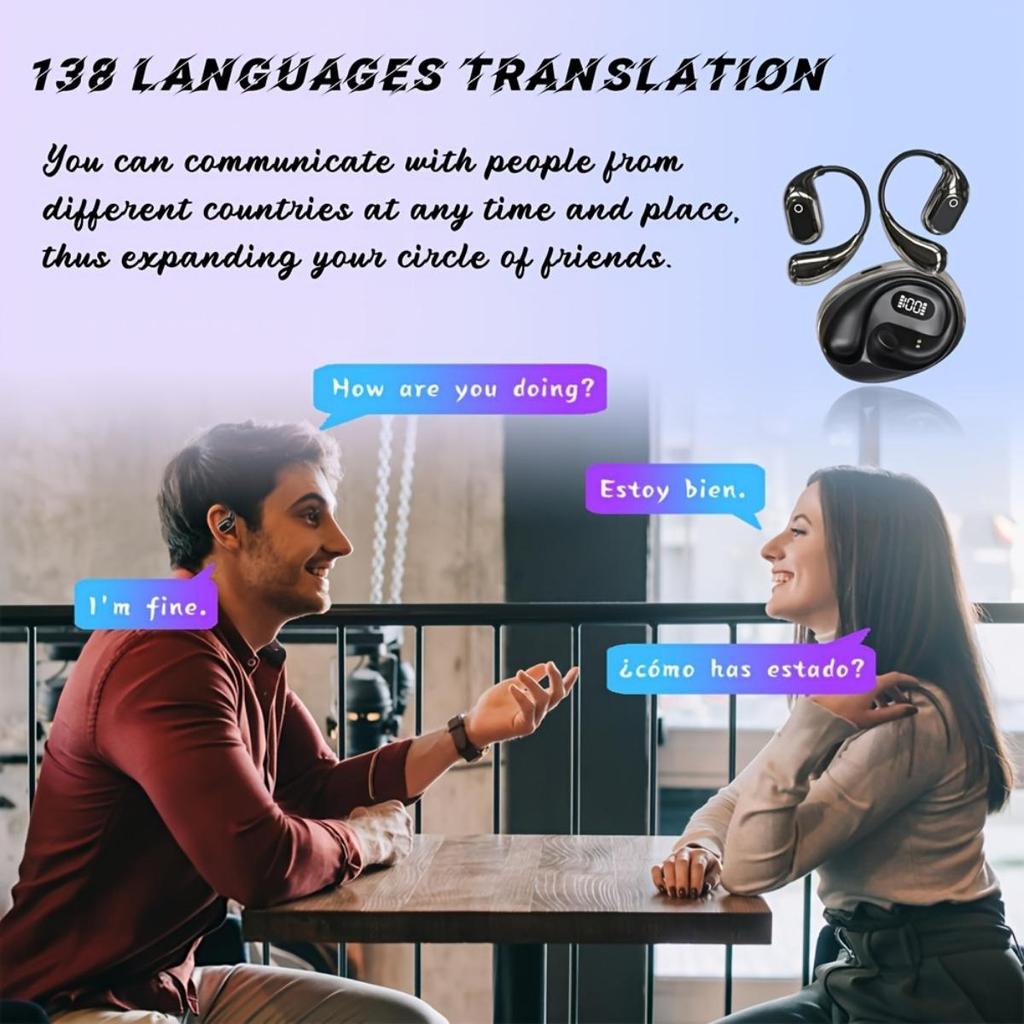 144 Language AI Voice Translation Headphones - Real-time Three In One OWS Translation Device with Wireless, Rechargeable Battery and USB Charging
