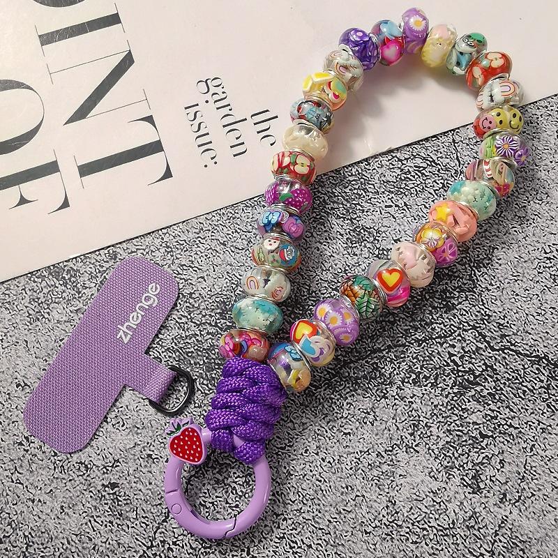 Colorful Beaded Phone Wrist Strap, Cute Cartoon Print Bead Lanyard with Keyring