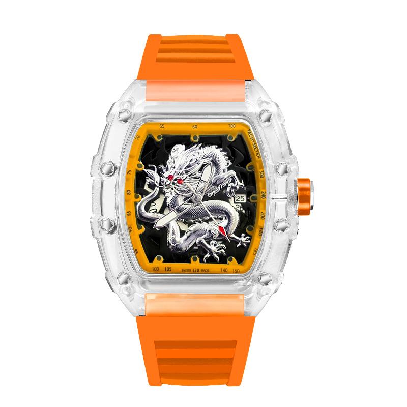 Domineering High-Value Fashion Trend Luminous Waterproof Wine Barrel-Shaped Men'S Watch Silver Dragon