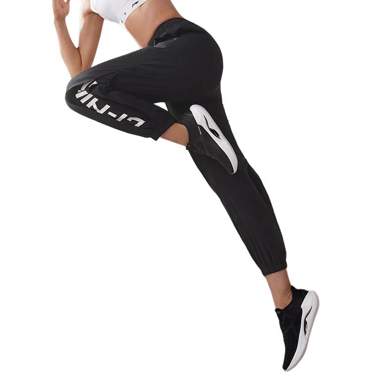 Li Ning Fitness Series Solid Color Letter Pattern Printed Pocket Cuffed Sports Pants Women Pants Black AYKT556-1