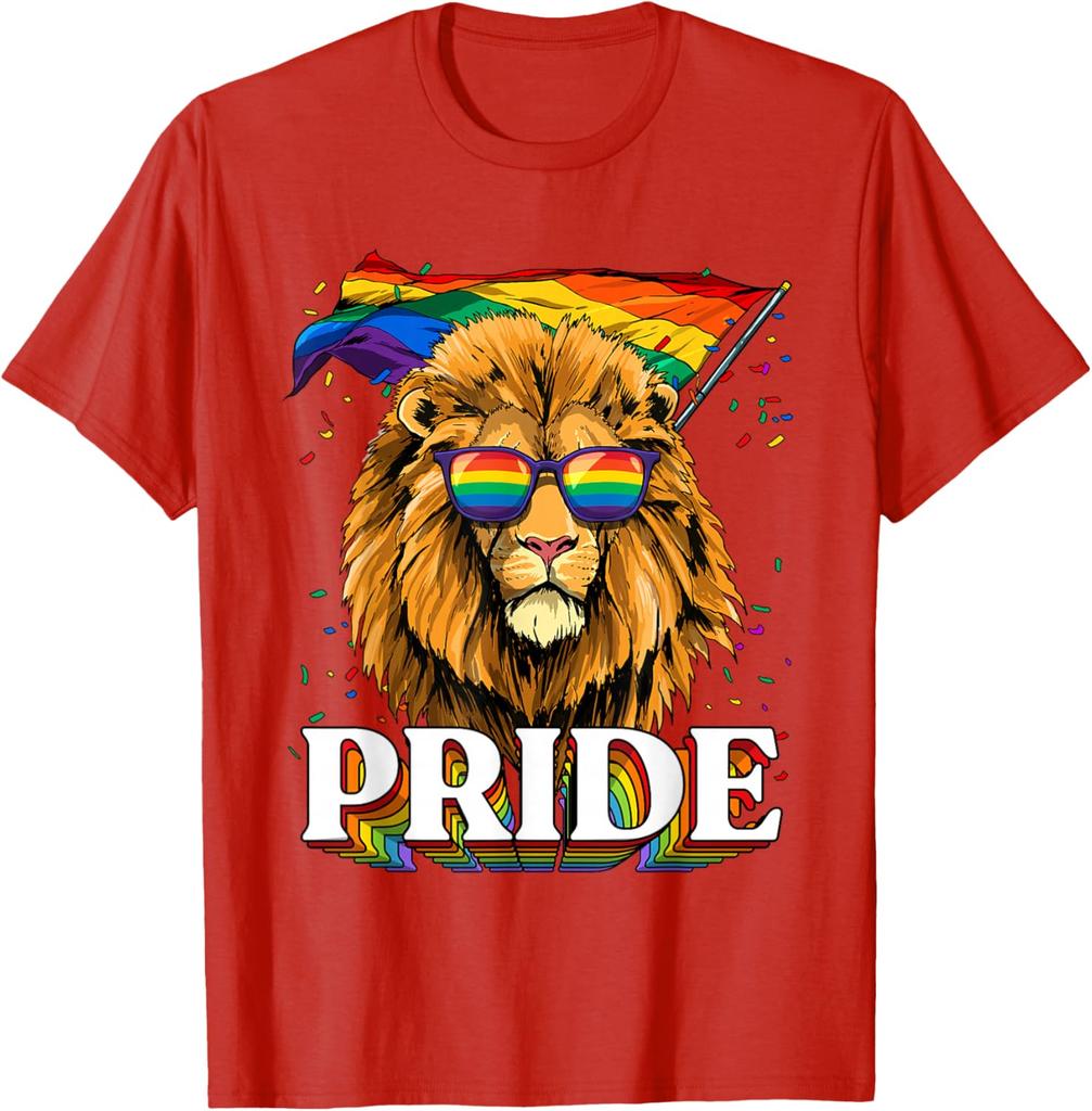 Lion Pride LGBT Rainbow Flag Sunglasses Graphic Tee Casual Cotton T-Shirt for Men