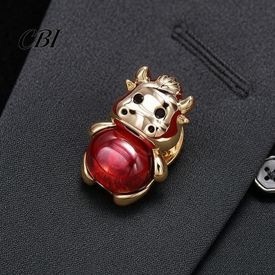 Decorative Coat Pin Golden Plated Alloy Cow Brooch, Red Faux Crystal Belly Cattle Lapel for Anti-oxidation Brooch Men Women, Animal Clothes